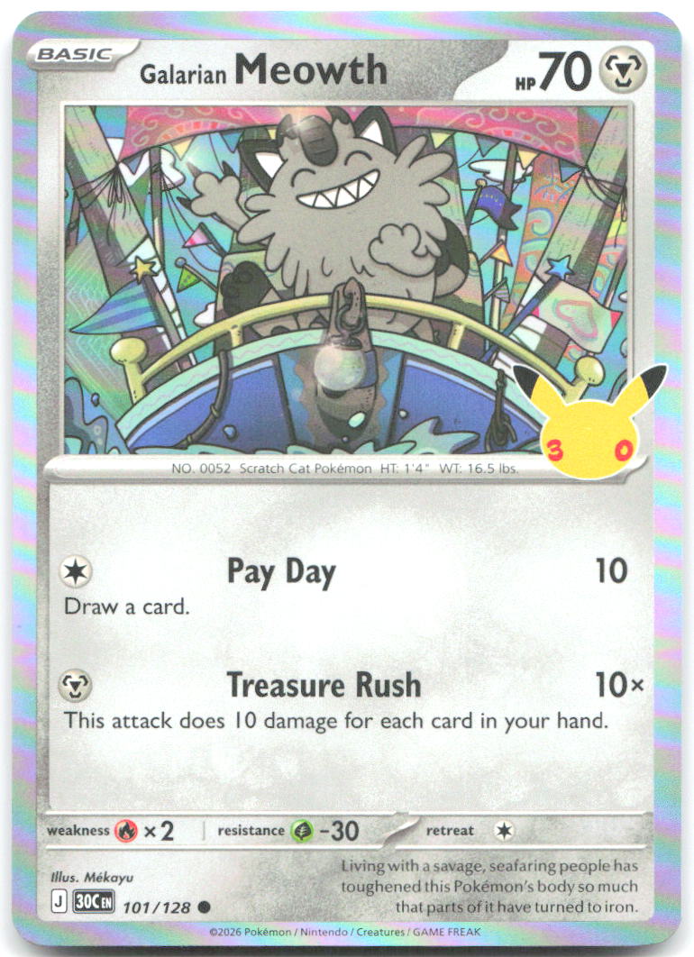 Galarian Meowth Holo Common ME 30th Celebration 101/128 NM Mv©kayu