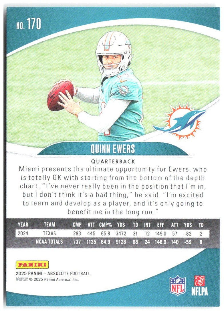 Quinn Ewers Panini Absolute - Retail 170 2025 Miami Dolphins RC
