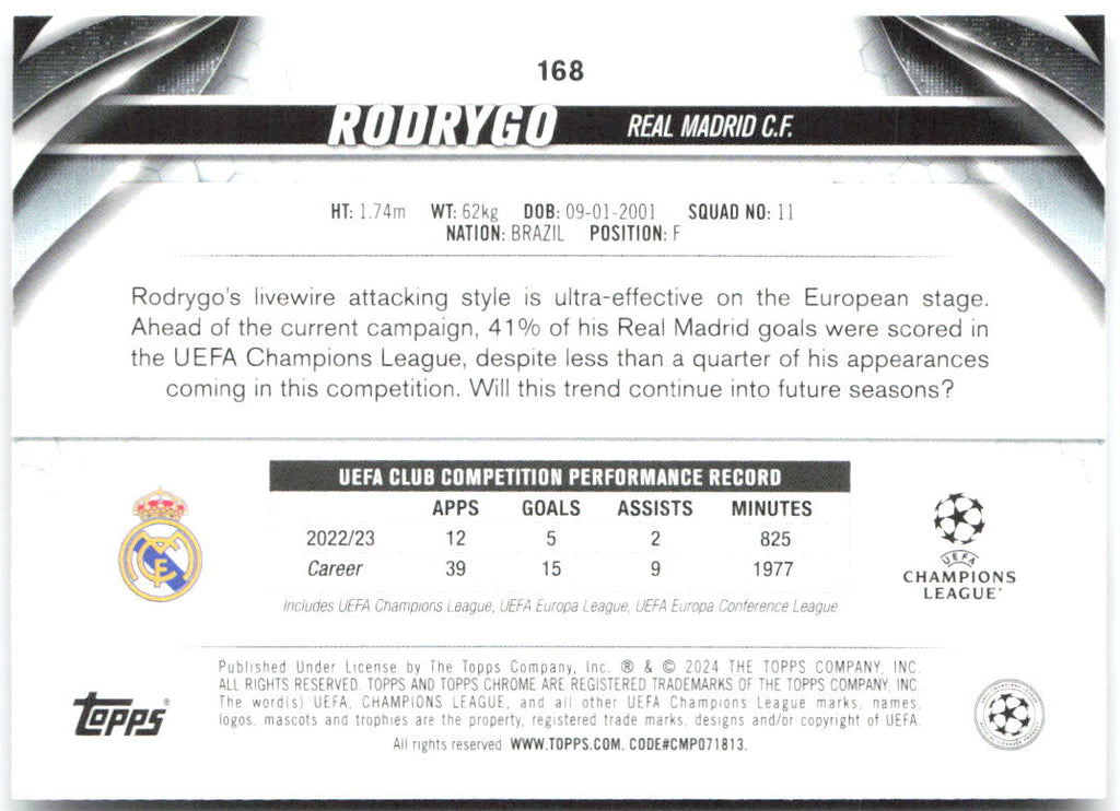Rodrygo Topps Chrome UEFA Club Competitions 168 2023-24 Real Madrid CF
