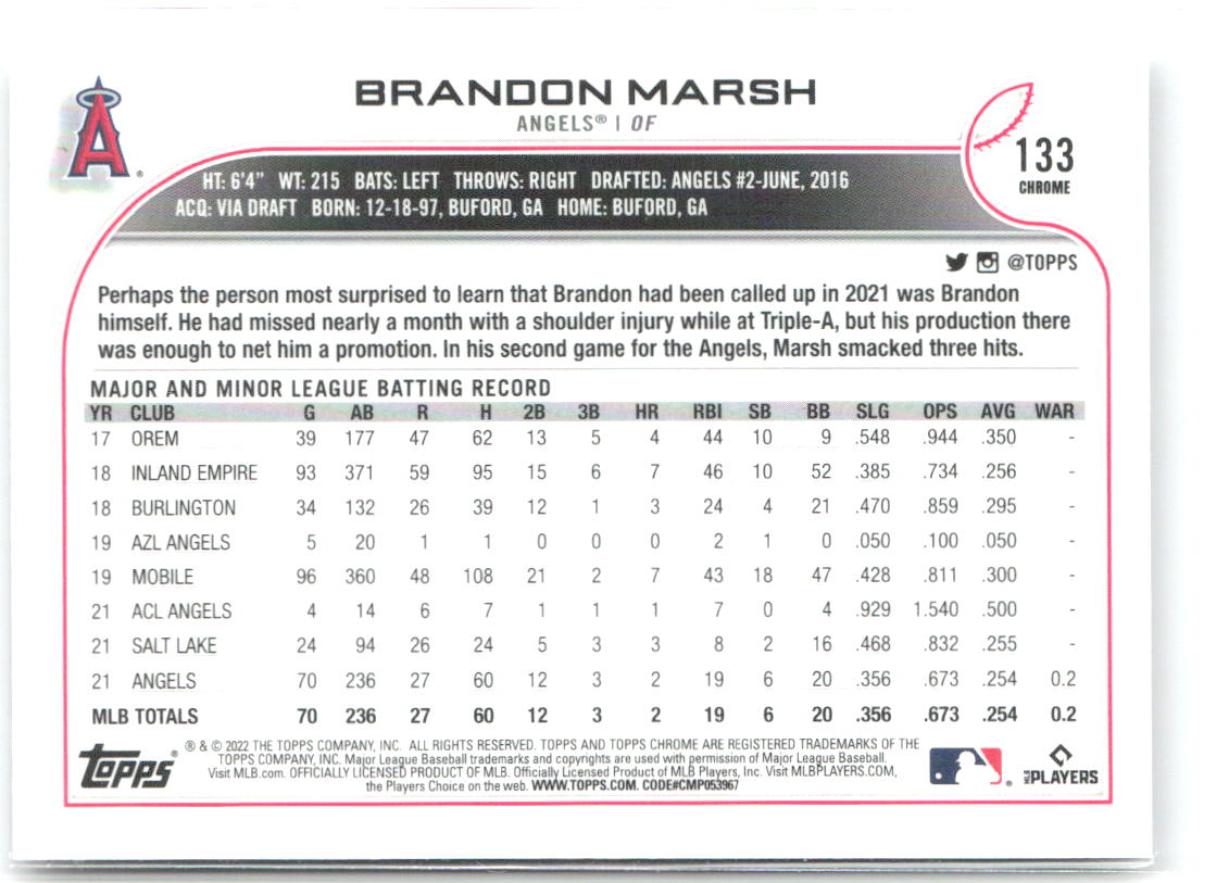 Brandon Marsh Topps Chrome 133 2022 Los Angeles Angels RC