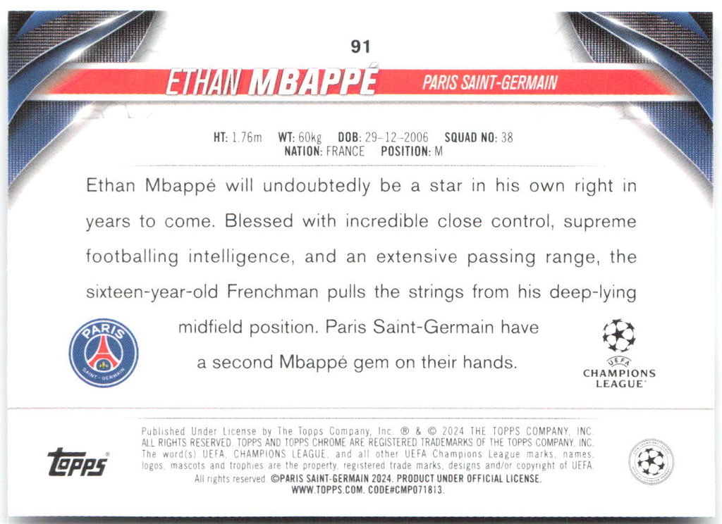 Ethan Mbappé Topps Chrome UEFA Club Competitions 91 2023-24 PSG RC