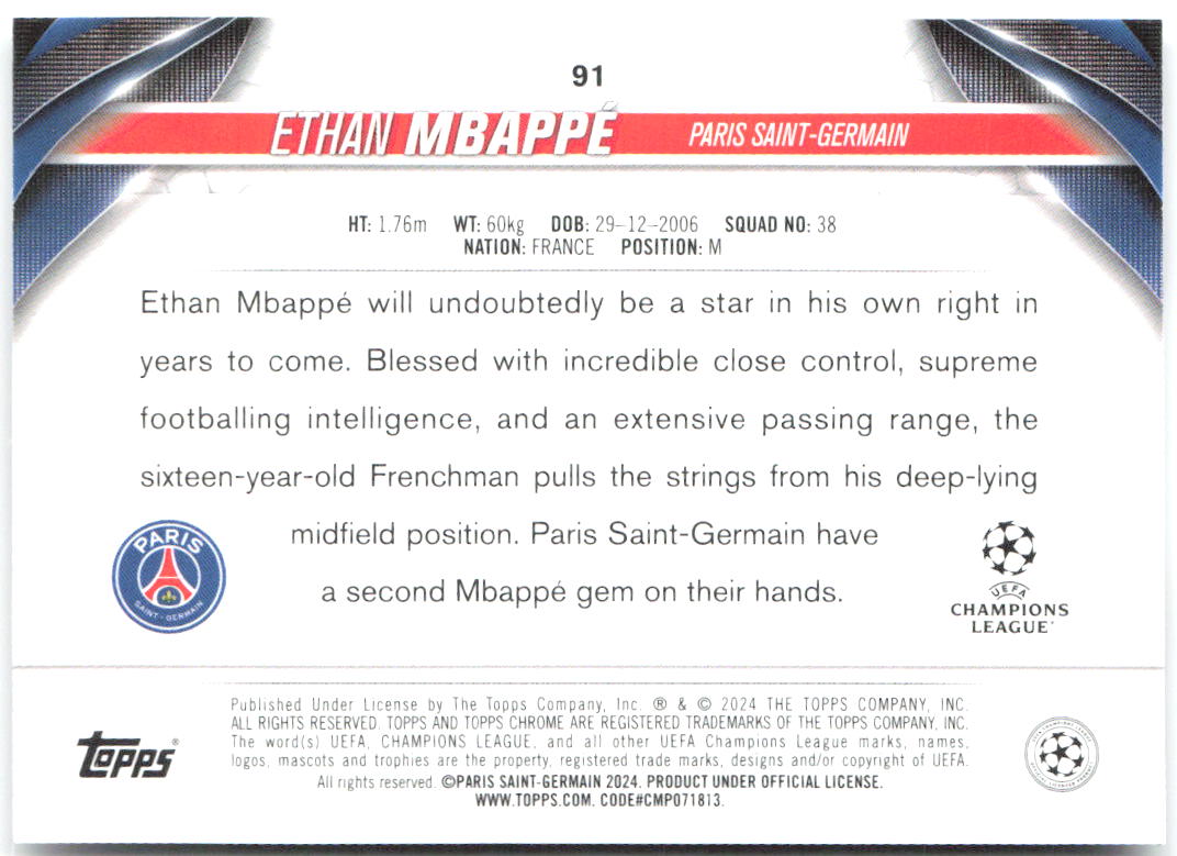Ethan Mbappé Topps Chrome UEFA Club Competitions 91 2023-24 PSG RC