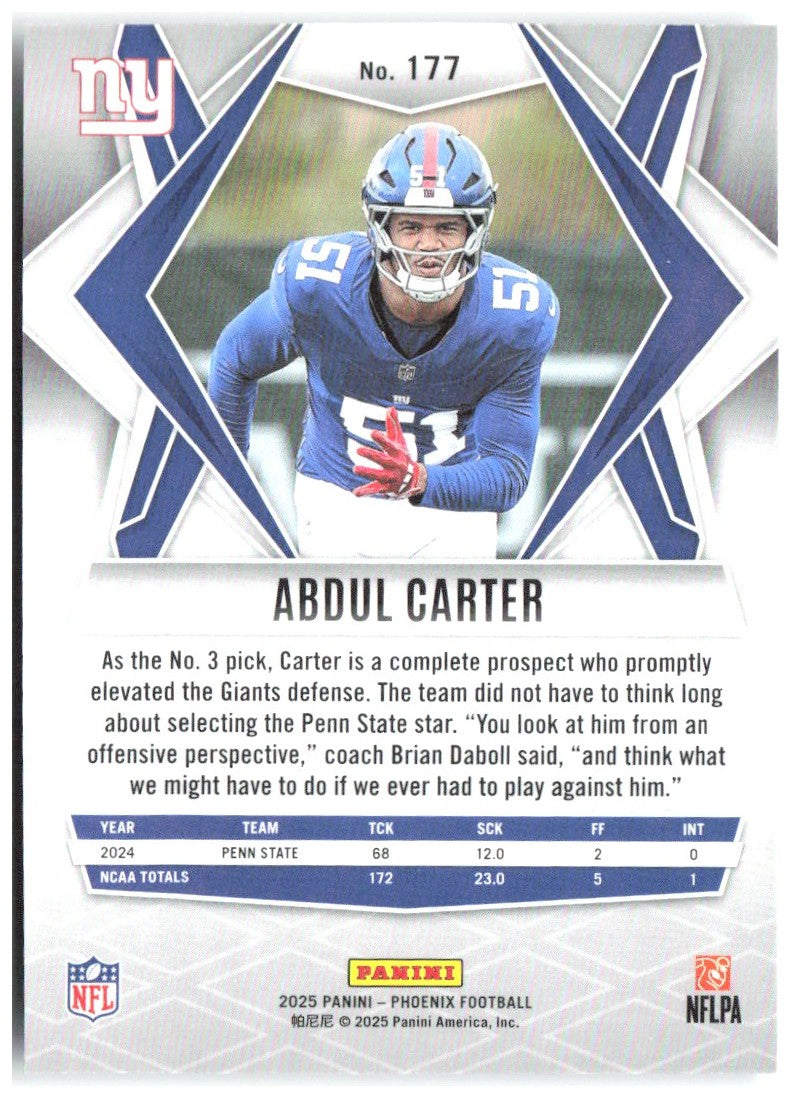 Abdul Carter Panini Phoenix - Silver Lazer Prizm 177 2025 New York Giants