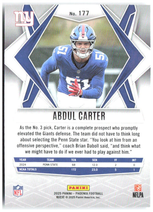 Abdul Carter Panini Phoenix - Silver Lazer Prizm 177 2025 New York Giants