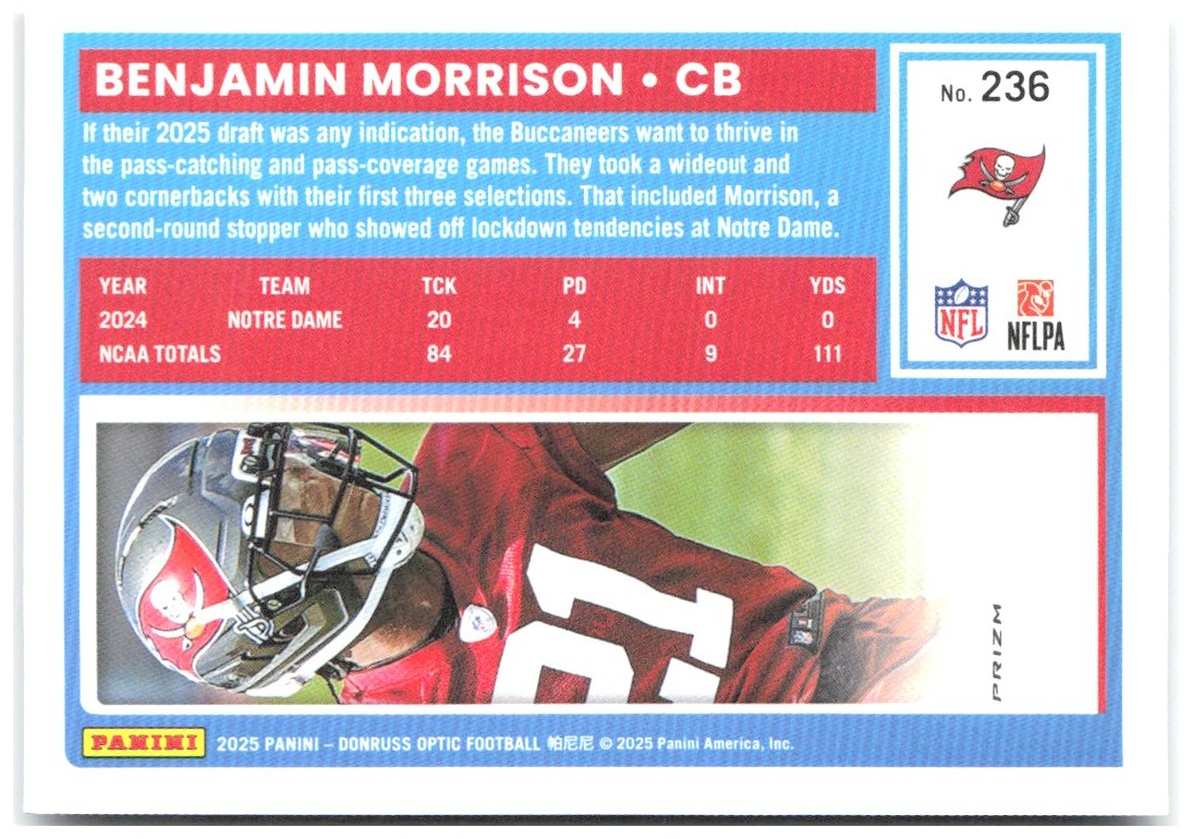 Benjamin Morrison Donruss Optic - Purple Shock 236 2025 Tampa Bay Buccaneers