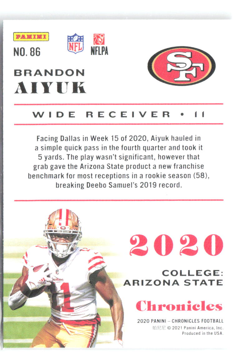 Brandon Aiyuk Panini Chronicles 86 2020 San Francisco 49ers RC