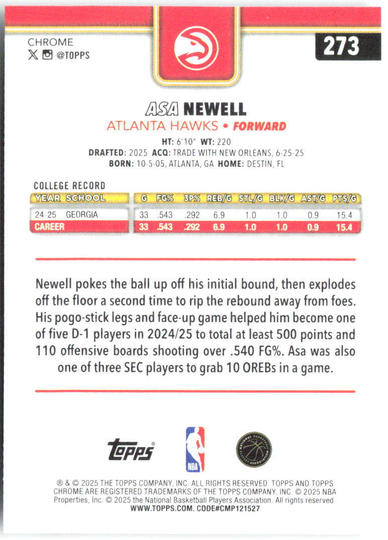Asa Newell Topps Chrome 273 2025-26 Atlanta Hawks RC