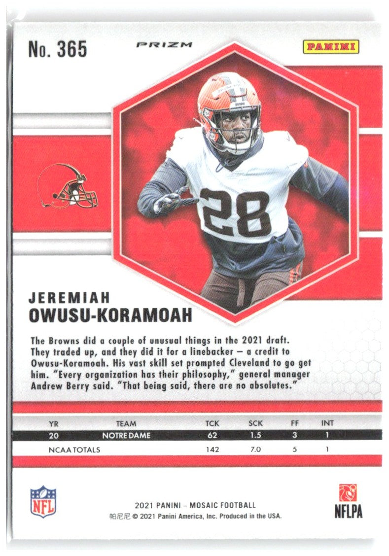 Jeremiah Owusu-Koramoah Panini Mosaic Prizm Camo Pink 365 2021 Cleveland Browns