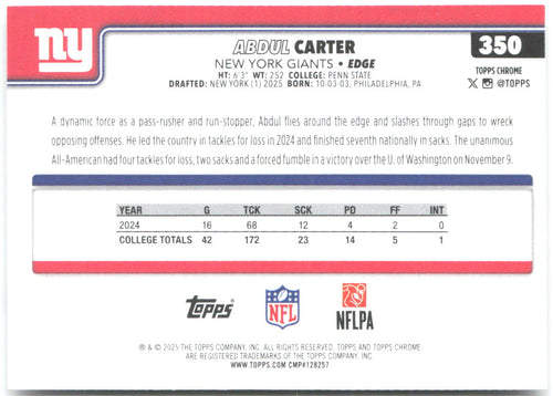 Abdul Carter Topps Chrome 350 2025 New York Giants RC