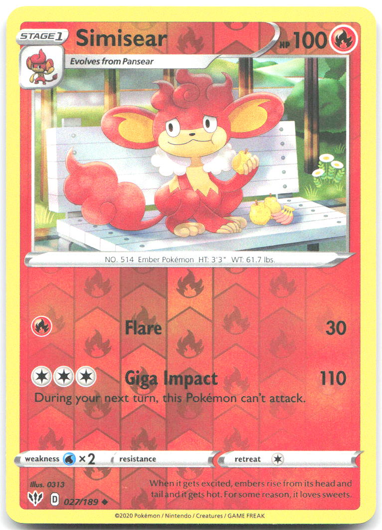 Simisear Reverse Holo Uncommon SWSH03 Darkness Ablaze 027/189 NM 0313