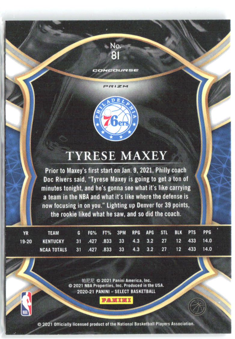 Tyrese Maxey Panini Select - Blue Prizms 81 2020-21 Philadelphia 76ers