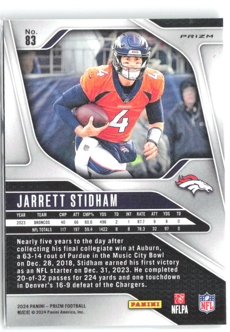 Jarrett Stidham Panini Prizm - Green 83 2024 Denver Broncos