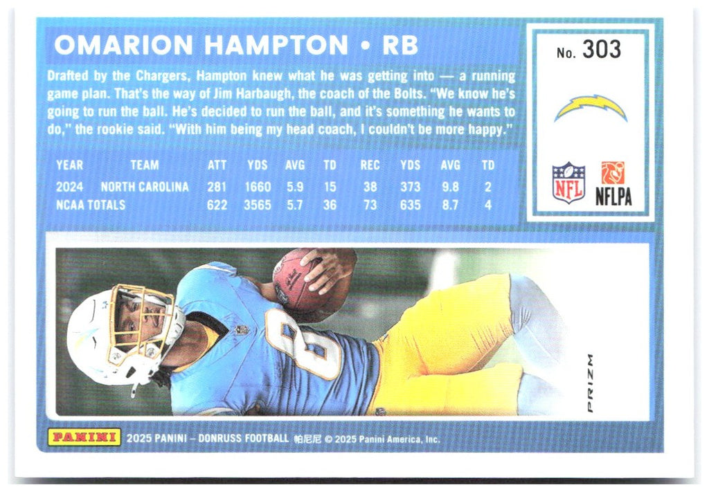 Omarion Hampton Donruss Optic Rated Rookies Preview Blue Scope 303 2025 Chargers