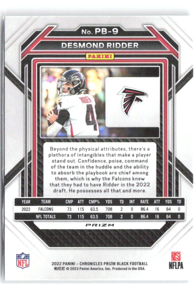 Desmond Ridder Panini Chronicles - Prizm Black Silver PB-9 2022 Atlanta Falcons