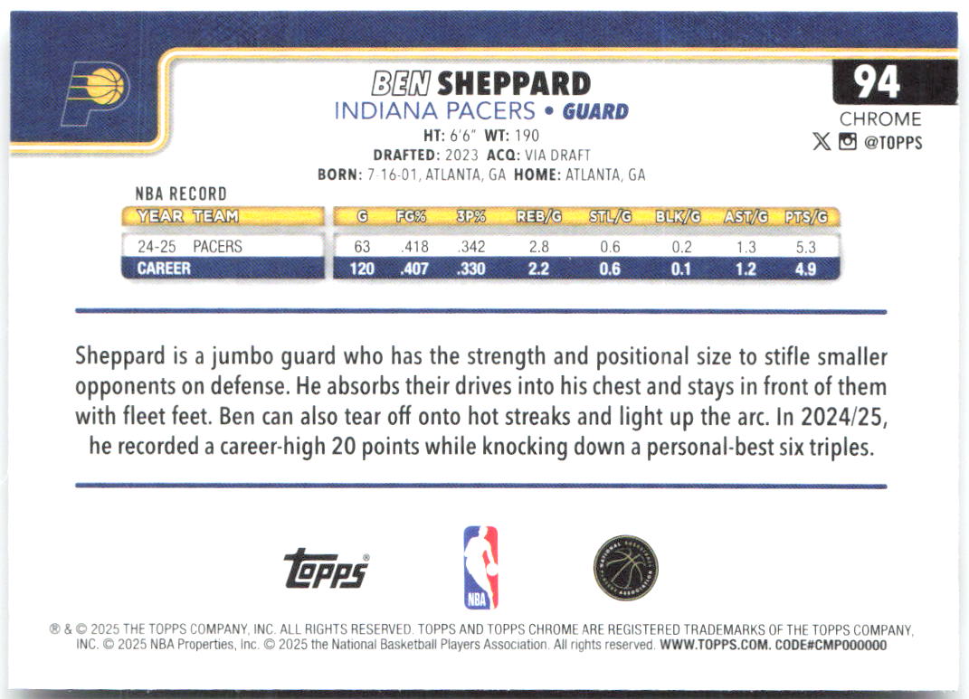 Ben Sheppard Topps Chrome 94 2025-26 Indiana Pacers