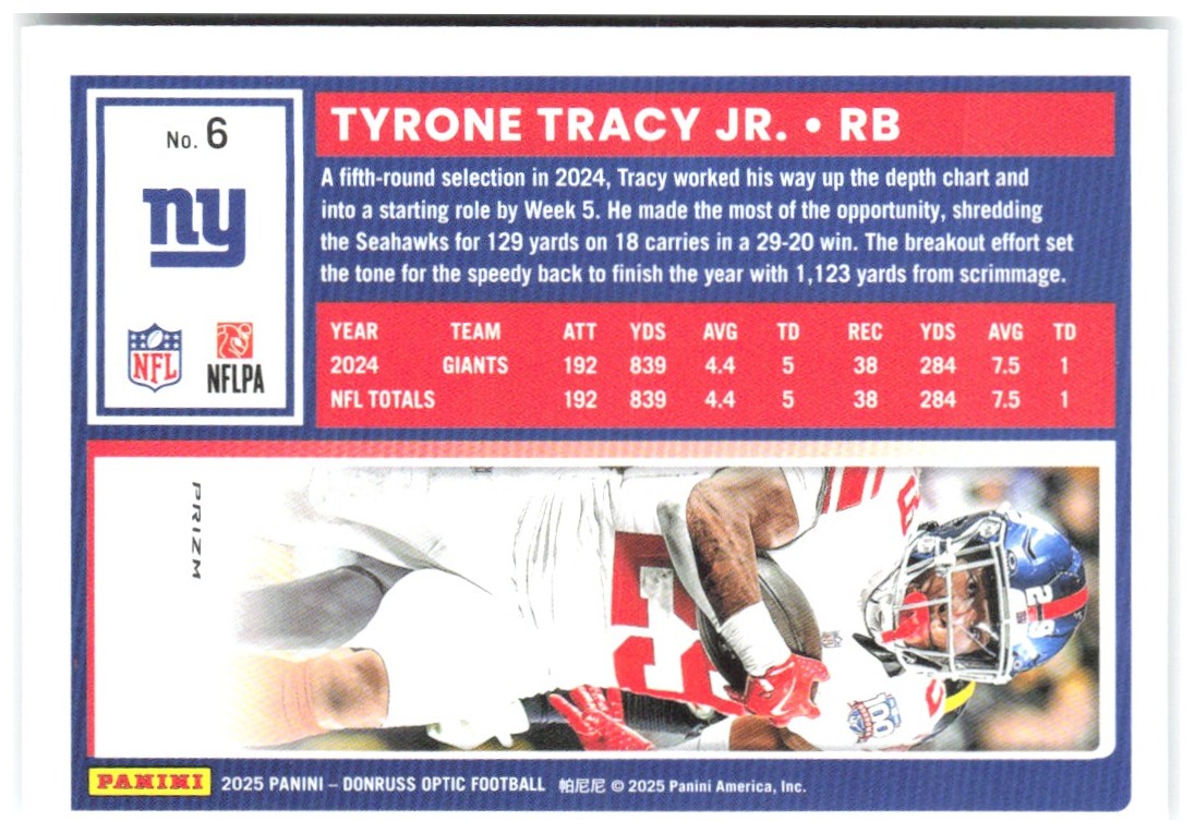 Tyrone Tracy Jr. Donruss Optic - Holo 6 2025 New York Giants