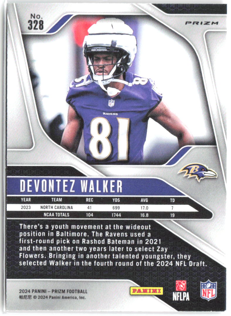 Devontez Walker Panini Prizm - Pink 328 2024 Baltimore Ravens