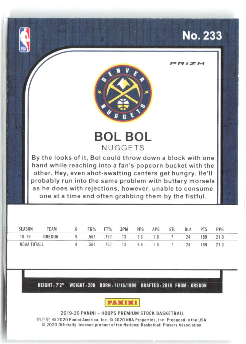 Bol Bol Hoops Premium Stock - Prizms Green 233 2019-20 Denver Nuggets