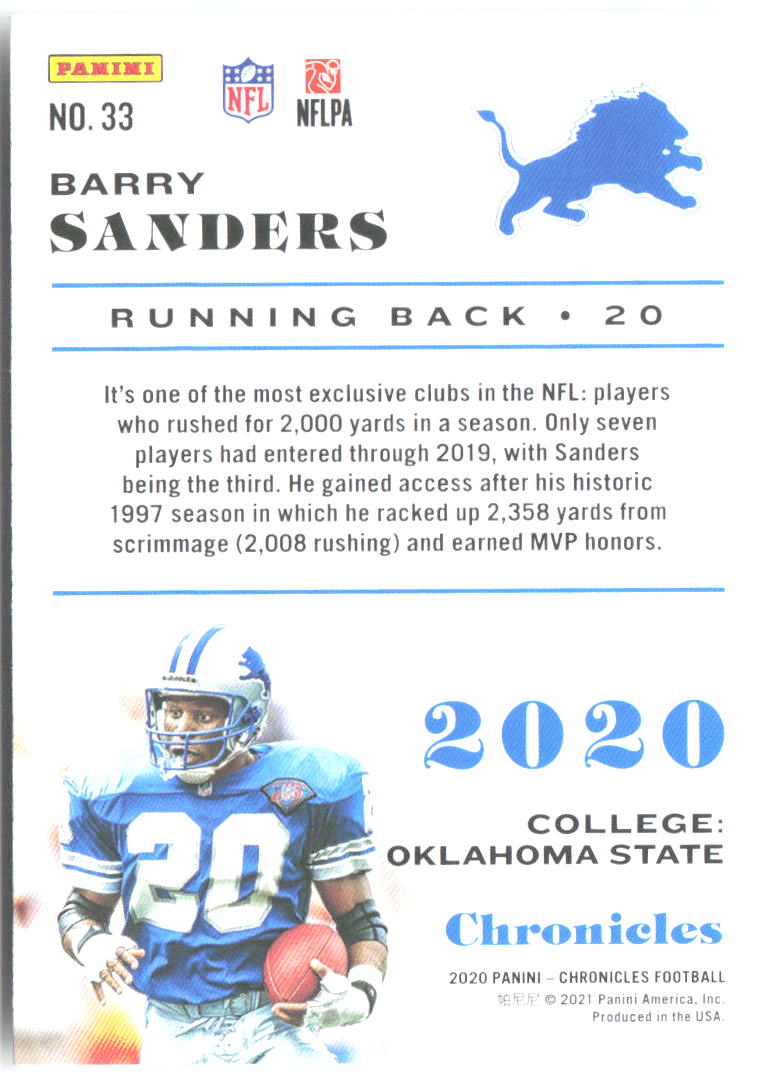 Barry Sanders Panini Chronicles 33 2020 Detroit Lions