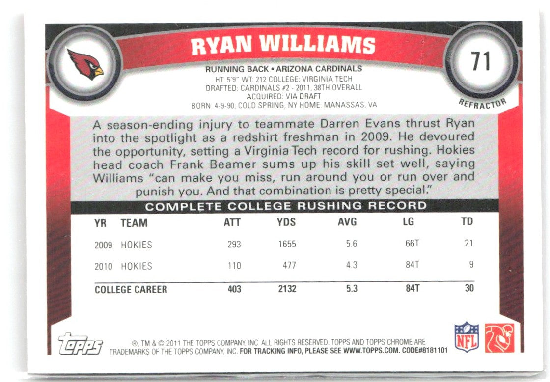Ryan Williams Topps Chrome - Orange Refractors 71 2011 Arizona Cardinals