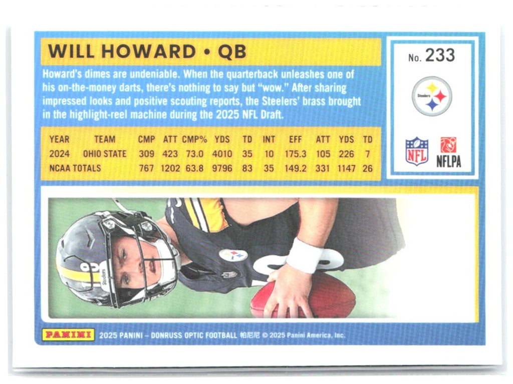 Will Howard Donruss Optic 233 2025 Pittsburgh Steelers RC