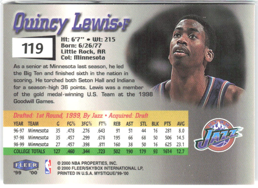 Quincy Lewis Fleer Mystique 119 1999-00 Utah Jazz /2999 RC