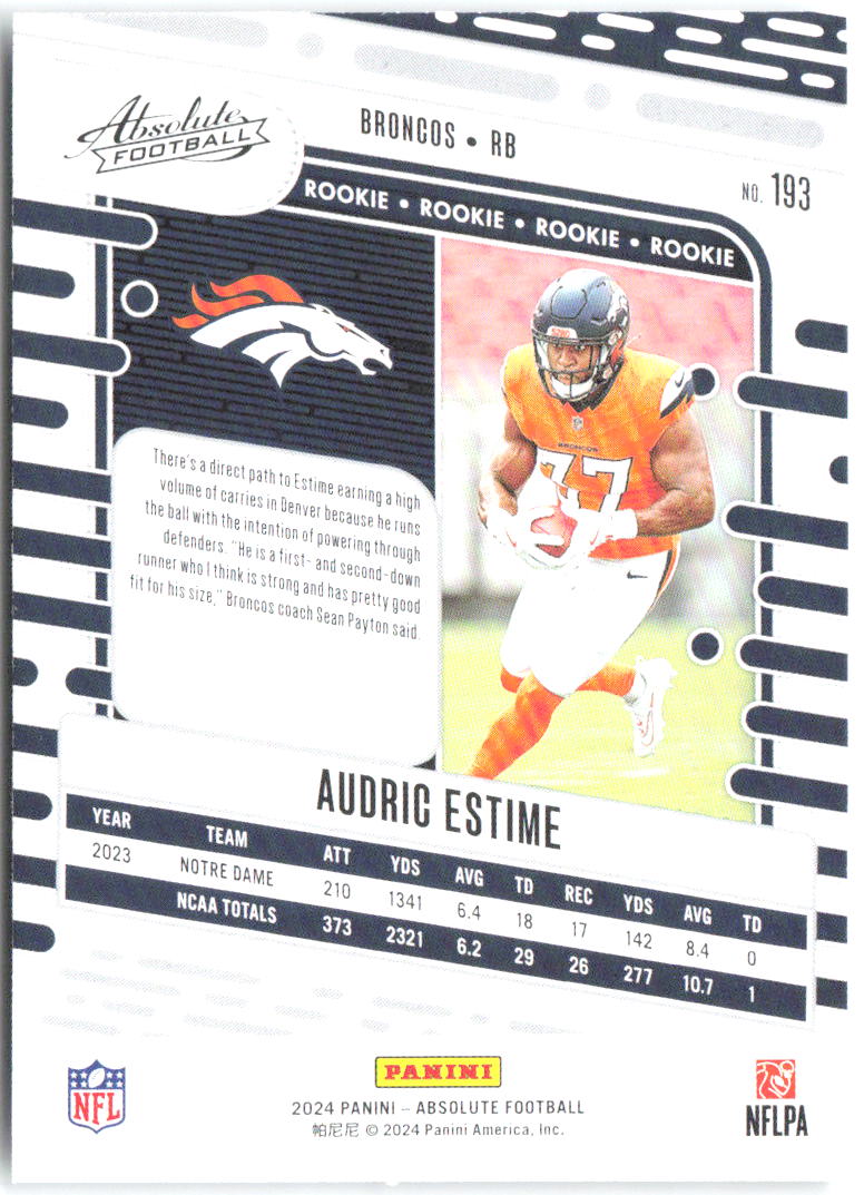 Audric Estime Panini Absolute - Retail 193 2024 Denver Broncos RC