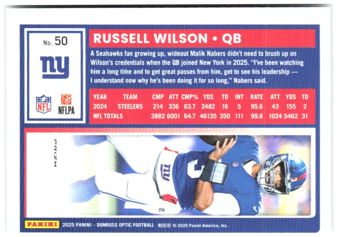 Russell Wilson Donruss Optic - Holo 50 2025 New York Giants