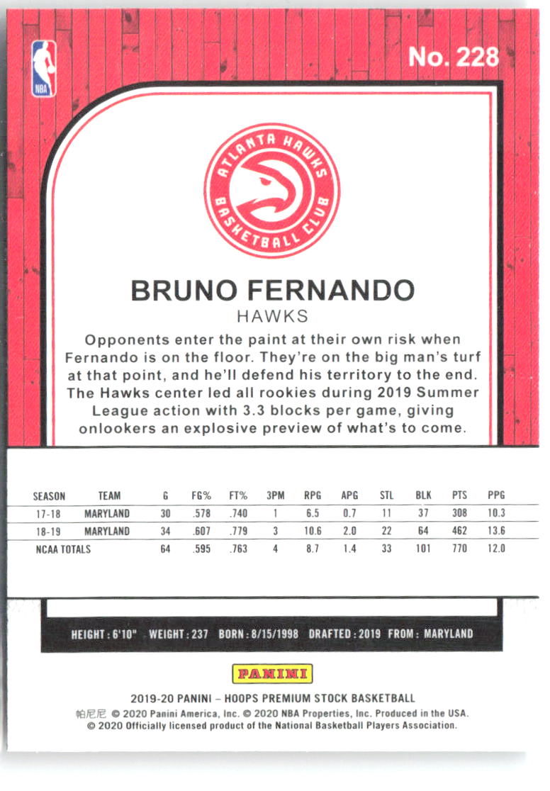 Bruno Fernando Hoops Premium Stock 228 2019-20 Atlanta Hawks RC