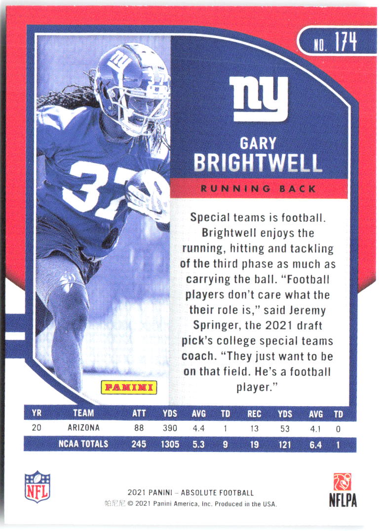Gary Brightwell Panini Absolute - Retail 174 2021 New York Giants RC
