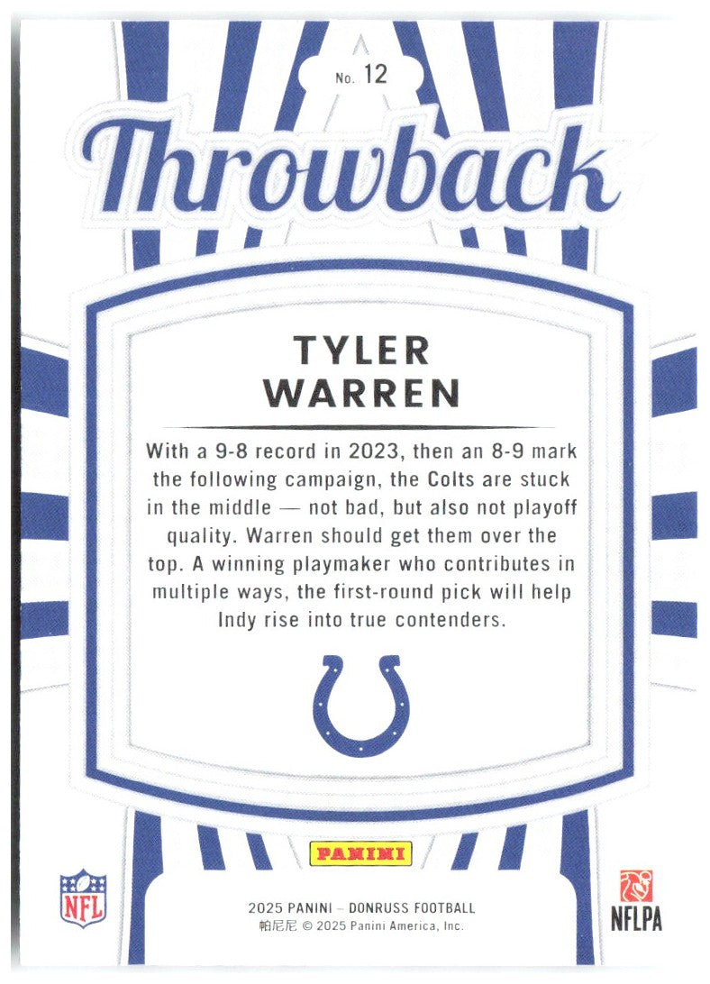 Tyler Warren Donruss - Rated Rookies Throwback 12 2025 Indianapolis Colts