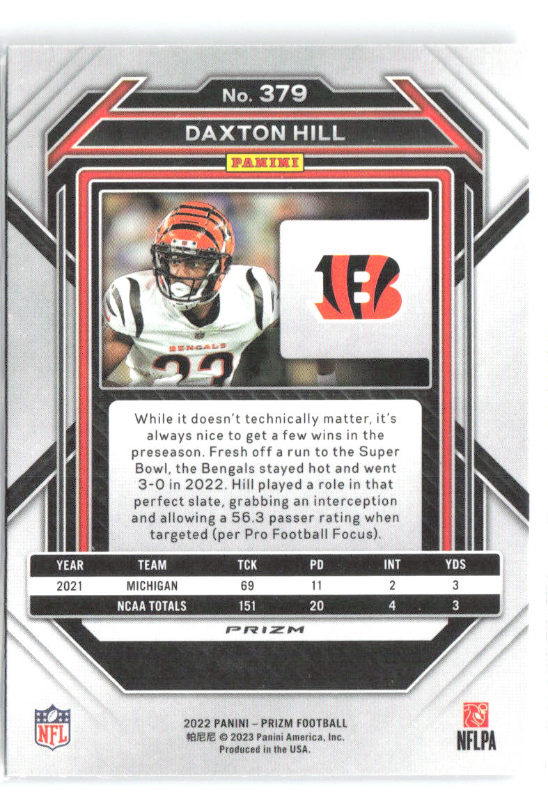 Daxton Hill Panini Prizm - Silver 379 2022 Cincinnati Bengals