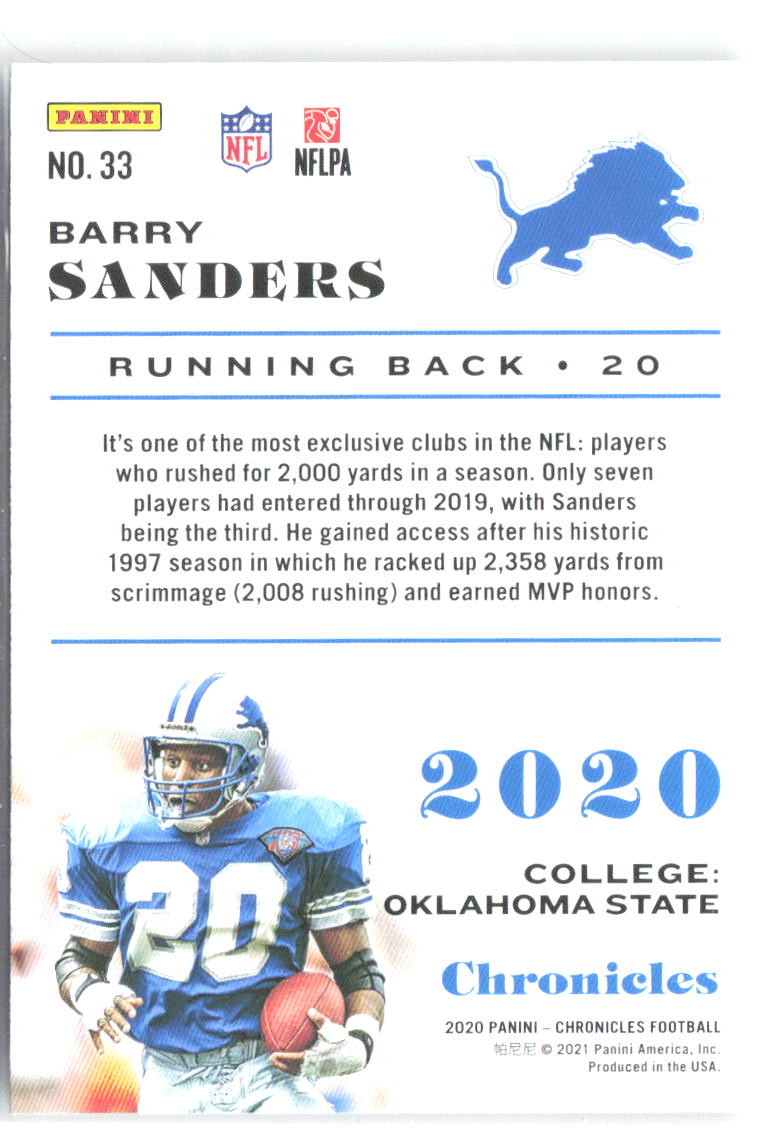 Barry Sanders Panini Chronicles - Pink 33 2020 Detroit Lions