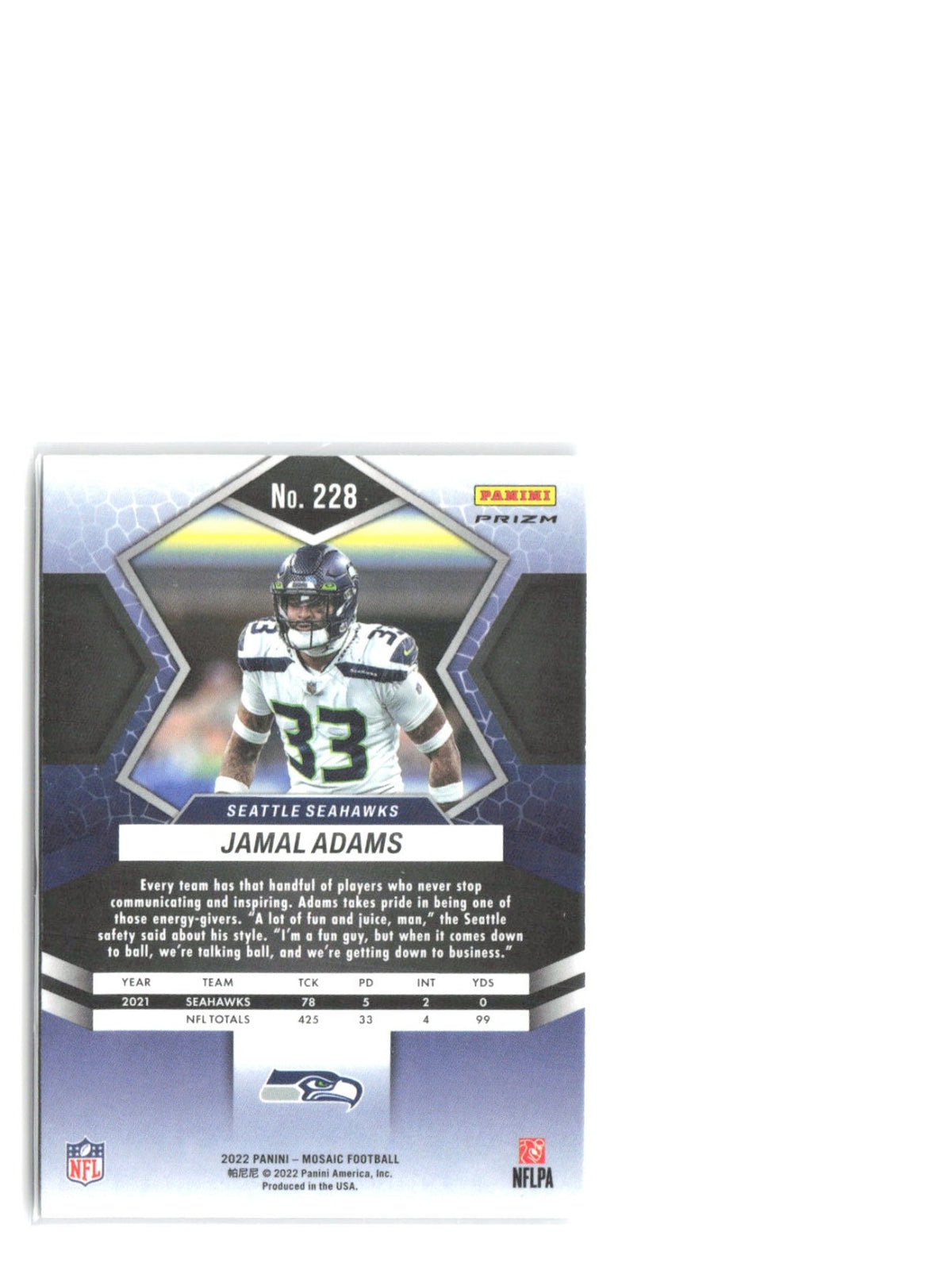 Jamal Adams Panini Mosaic - Silver 228 2022 Seattle Seahawks