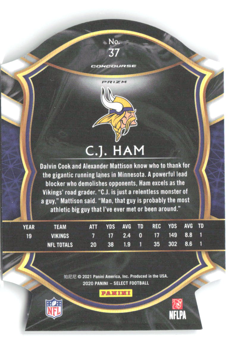 C.J. Ham Panini Select - Tri-Color Prizm Die Cut 37 2020 Minnesota Vikings