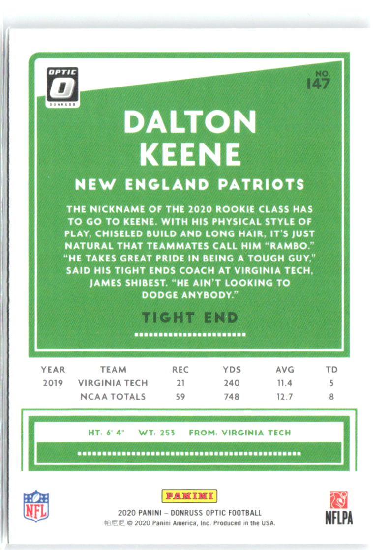 Dalton Keene Donruss Optic 147 2020 New England Patriots RC