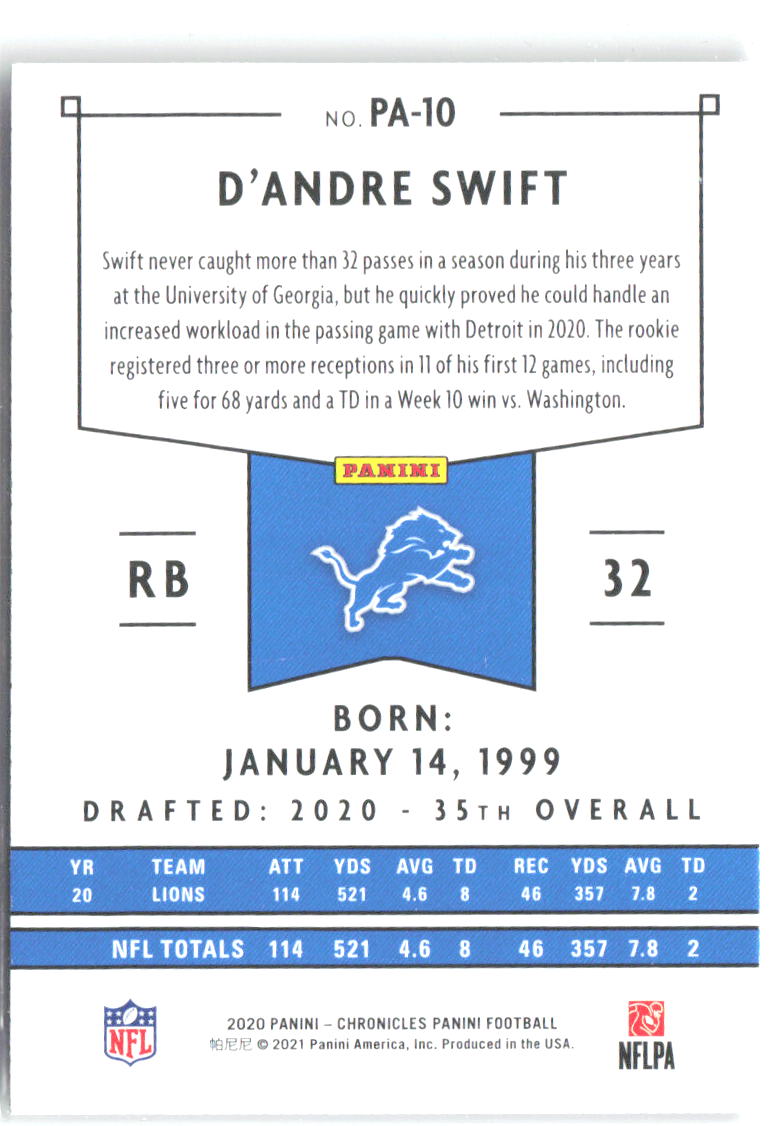 D'Andre Swift Panini Chronicles - Panini PA-10 2020 Detroit Lions