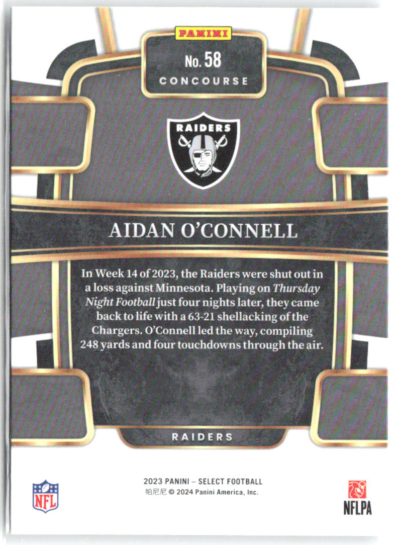 Aidan O'Connell Panini Select 58 2023 Las Vegas Raiders RC