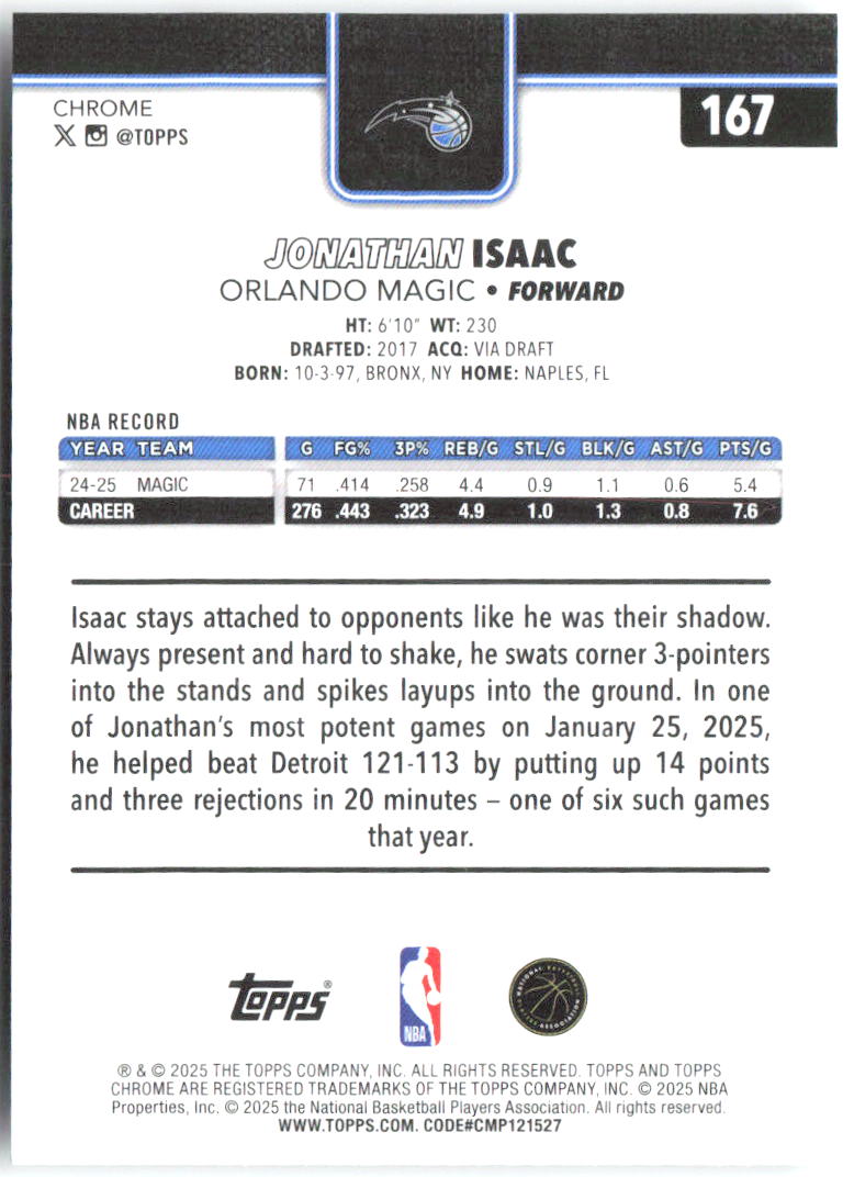 Jonathan Isaac Topps Chrome 167 2025-26 Orlando Magic