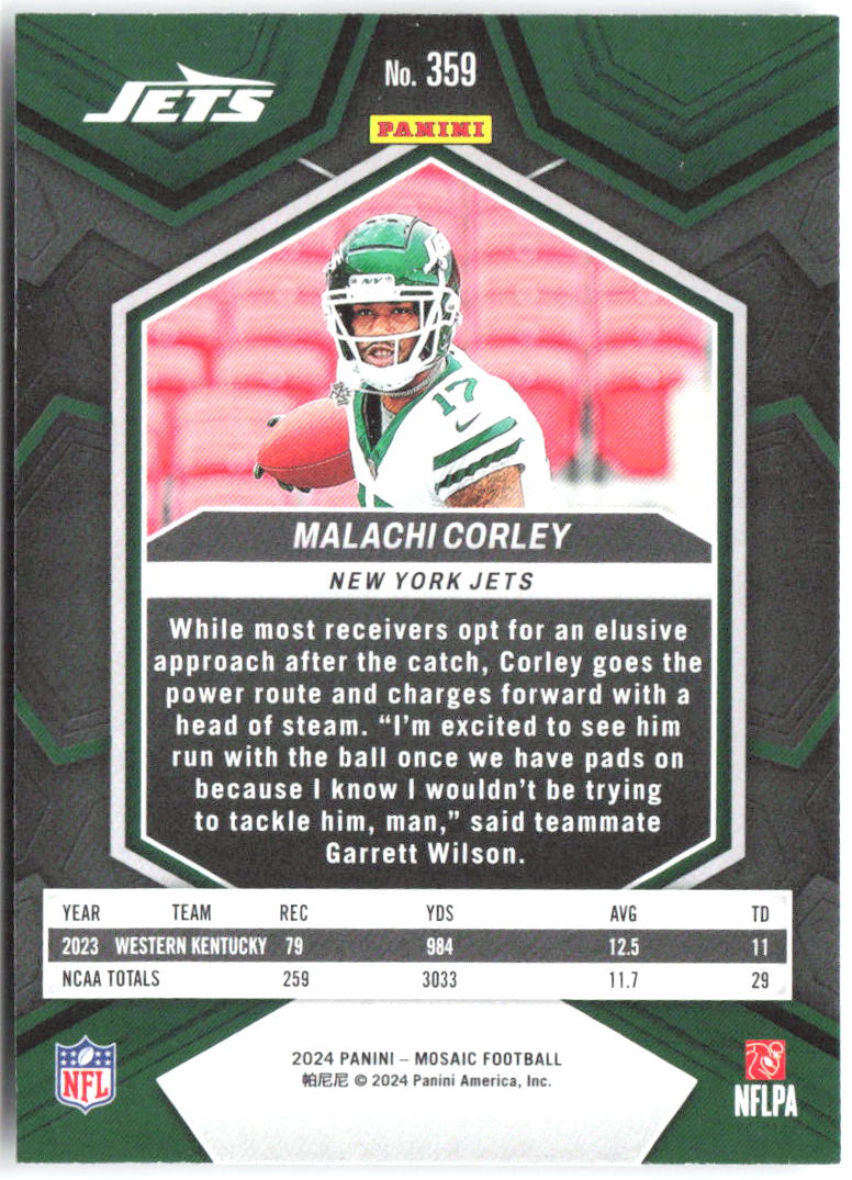 Malachi Corley Panini Mosaic 359 2024 New York Jets RC
