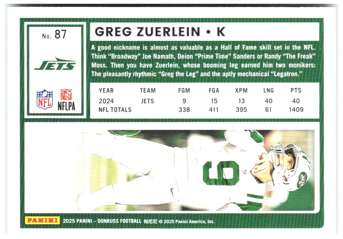 Greg Zuerlein Donruss - Press Proofs Green 87 2025 New York Jets