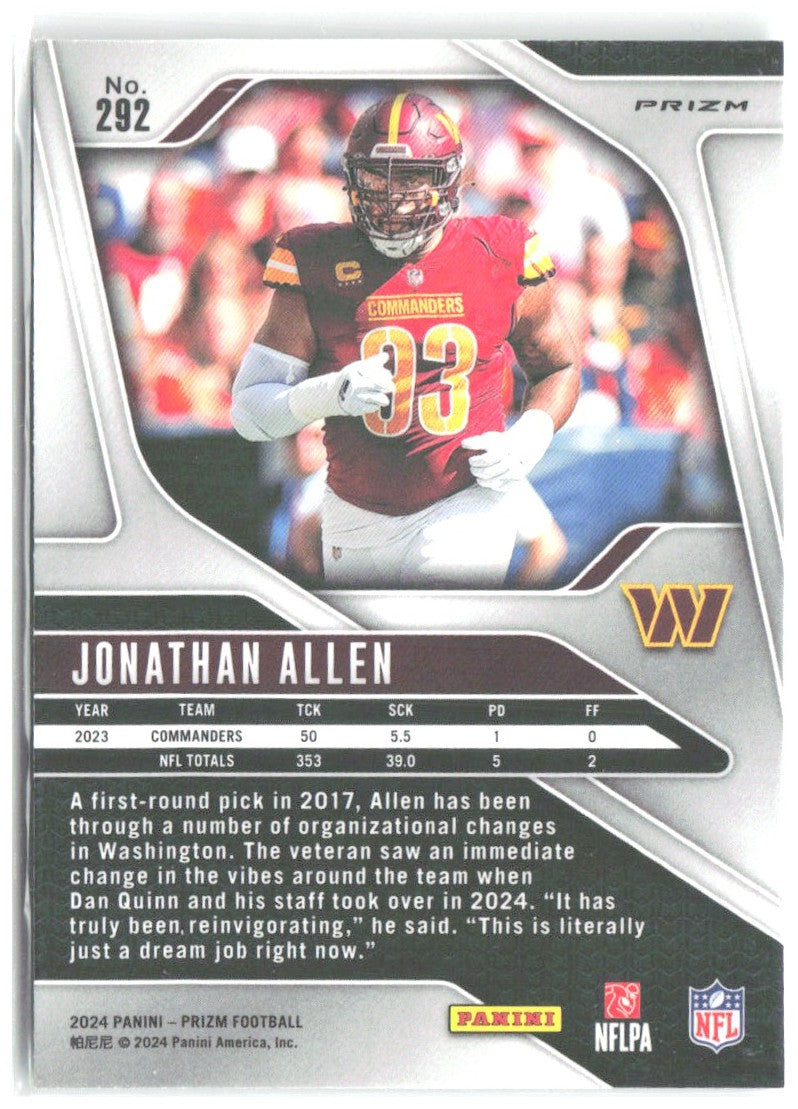 Jonathan Allen Panini Prizm - Green 292 2024 Washington Commanders