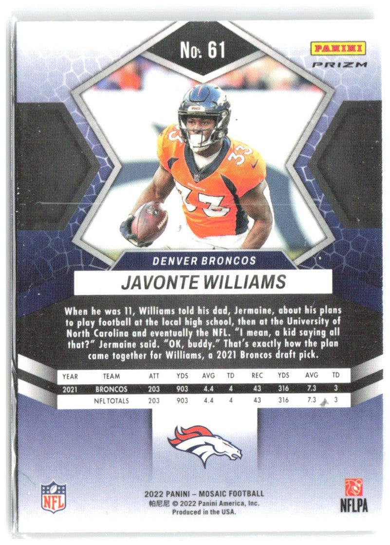 Javonte Williams Panini Mosaic - Mosaic Green 61 2022 Denver Broncos
