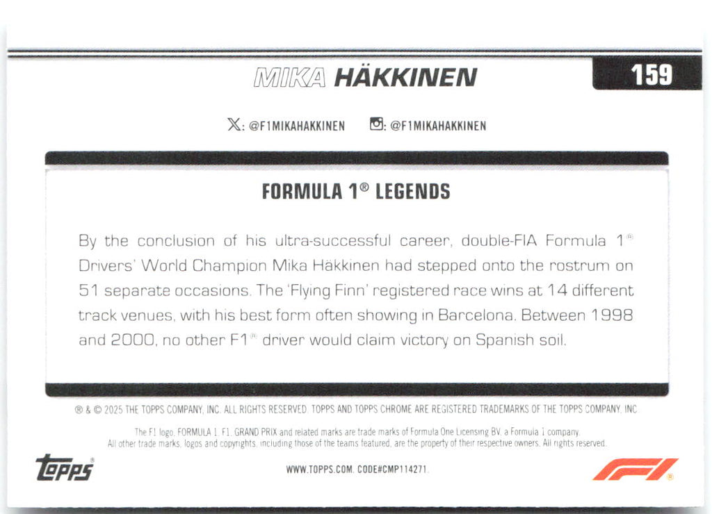 Mika Häkkinen Topps Chrome Formula 1 159 2025