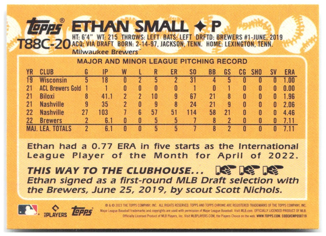 Ethan Small 1988 Topps 35th Anniversary Chrome (Series One) T88C-20 2023 Brewers