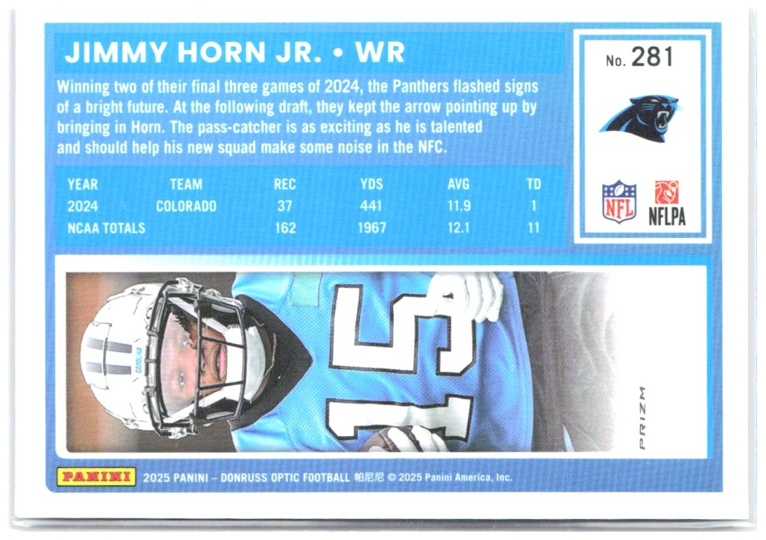 Jimmy Horn Jr. Donruss Optic - Blue Hyper 281 2025 Carolina Panthers
