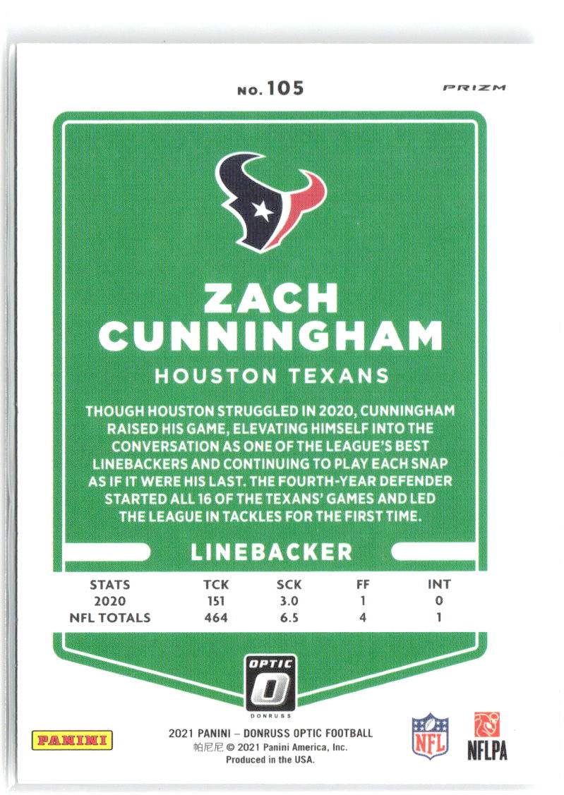 Zach Cunningham Donruss Optic - Holo 105 2021 Houston Texans