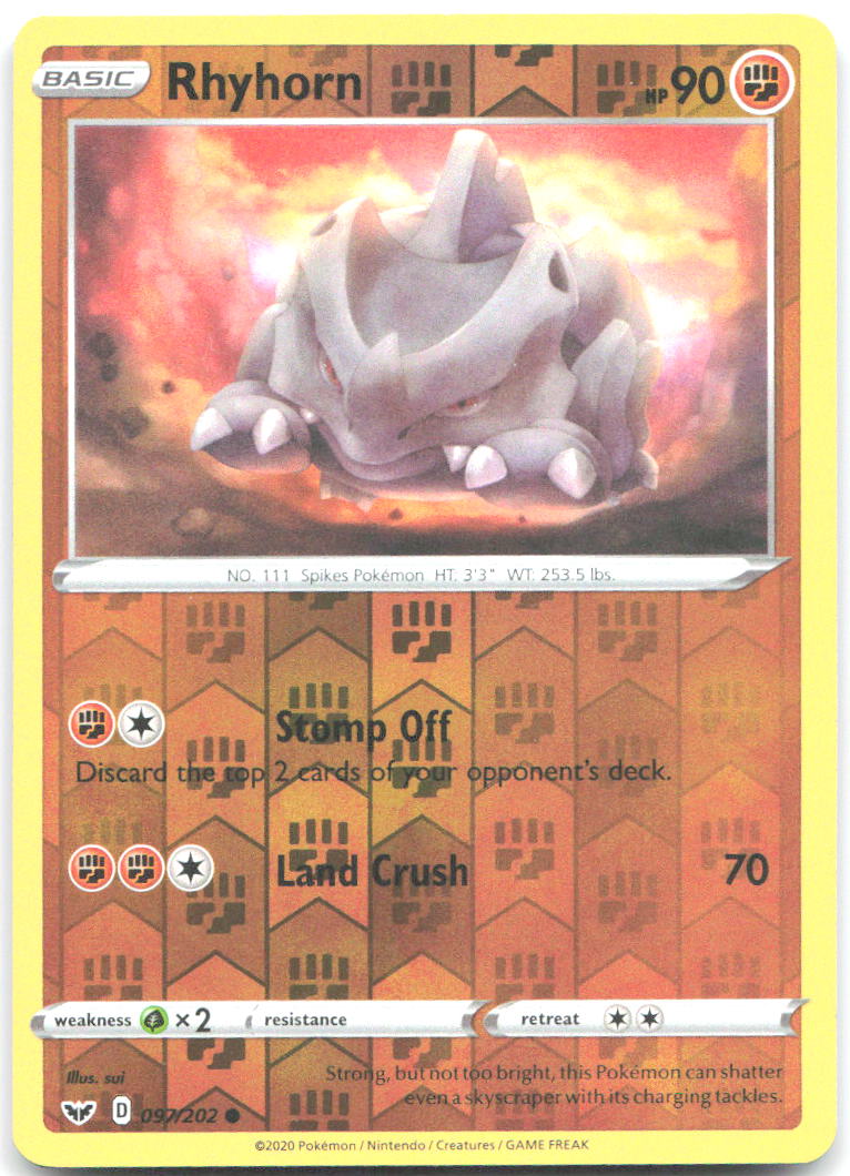 Rhyhorn 097 Reverse Holo Common SWSH01 Sword & Shield Base Set 097/202 NM