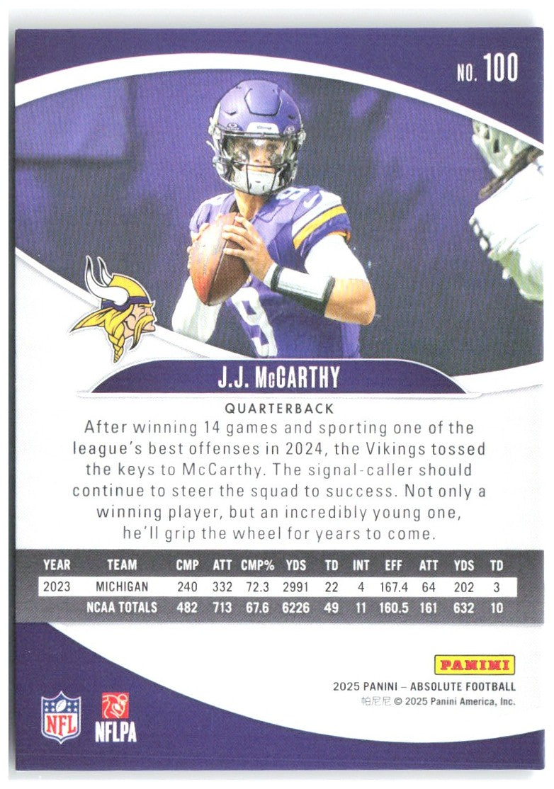 J.J. McCarthy Panini Absolute - Blue Diamonds 100 2025 Minnesota Vikings /425