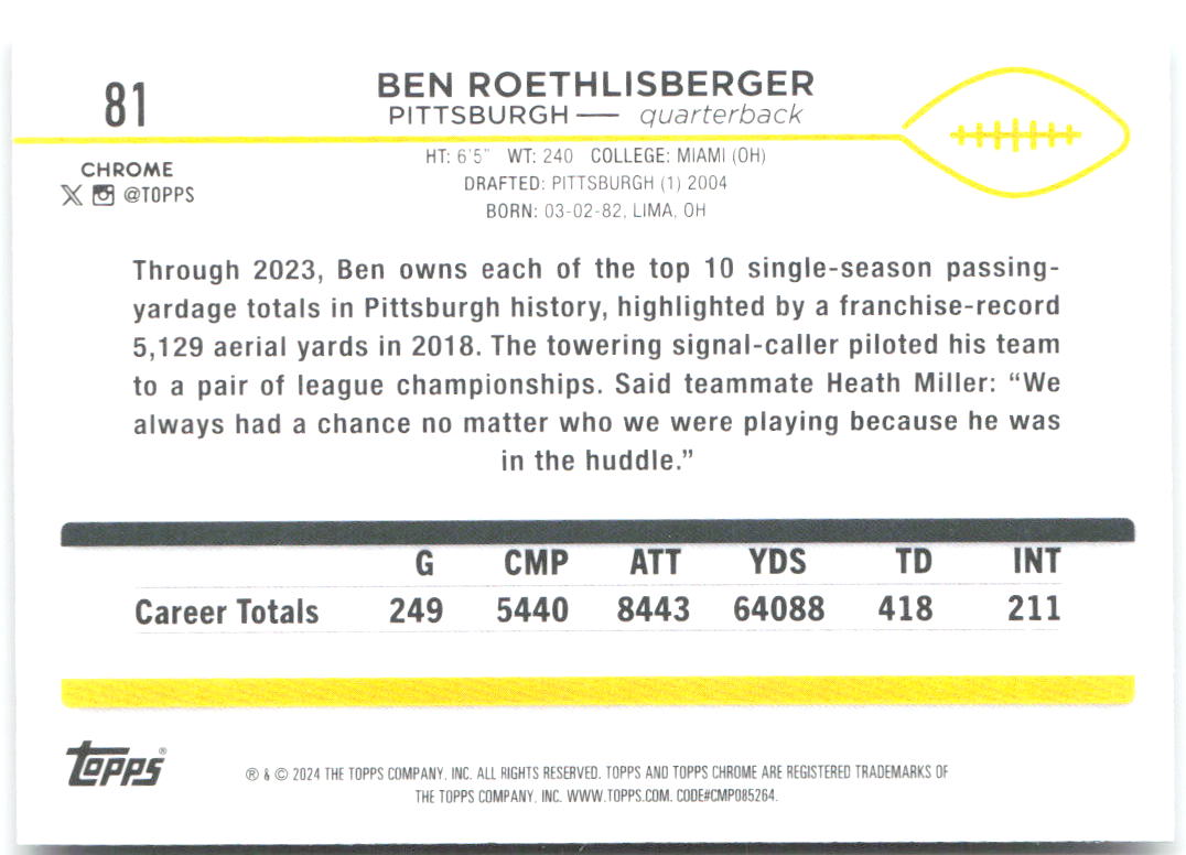 Ben Roethlisberger Topps Chrome 81 2024 Pittsburgh Steelers